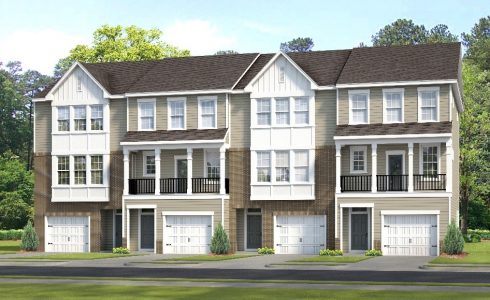 Rendering of garage town homes on wooded lot.