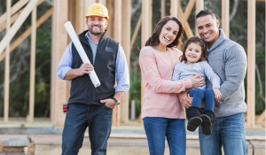 Construction worker with plans and family with child