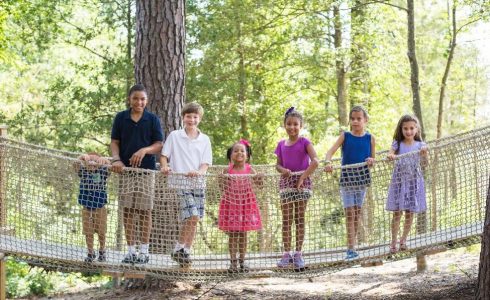children on rope bridge in wooded area during summer