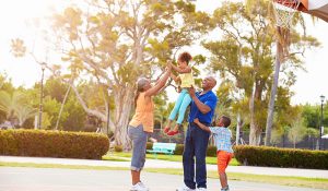 family on basketball court